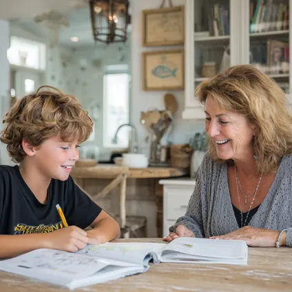 Middle aged tutor teaching primary age looking child at home