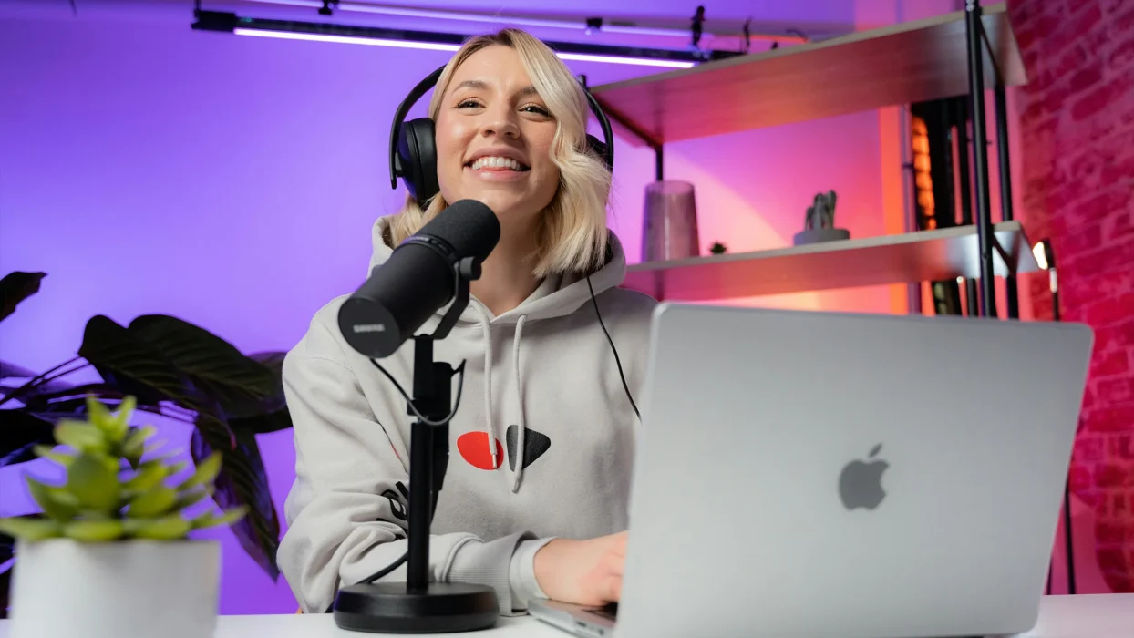 Woman on a podcast